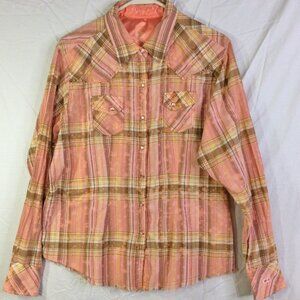 Twenty X Ultra Fit Shirt Vintage Womens XL Frayed Hem Gold Metallic Pearl Snap